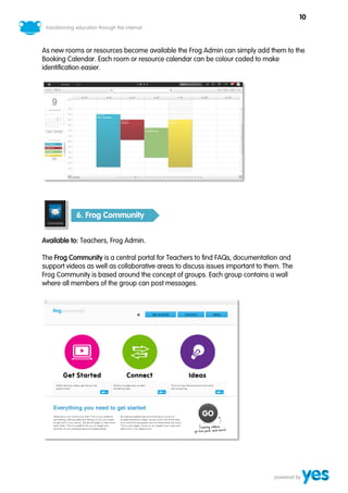 10



As new rooms or resources become available the Frog Admin can simply add them to the
Booking Calendar. Each room or resource calendar can be colour coded to make
identification easier.




           6. Frog Community


Available to: Teachers, Frog Admin.

The Frog Community is a central portal for Teachers to find FAQs, documentation and
support videos as well as collaborative areas to discuss issues important to them. The
Frog Community is based around the concept of groups. Each group contains a wall
where all members of the group can post messages.
 