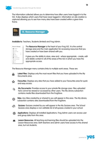 15



The information collected allows you to determine how often users have logged in to the
VLE. It also displays which users that have never logged in. Information on site creation is
captured allowing you to see how many sites have been created within a given time
frame.



            13. Resource Manager



Available to: Teachers, Students (limited) and Frog Admin.

                The Resource Manager is the heart of your Frog VLE. It is the central
                storage area and the main application for accessing resources that you
                have created or have been shared with you.

                It gives you the ability to store, view and - where appropriate - create, edit
                and delete content in all of the areas of the VLE in which you have the
                appropriate access.


The Resource Manager menu contains links to multiple work areas. These are:

      Latest Files: Displays only the most recent files that you have uploaded to the My
      Documents area.

      Favourites: Displays any sites that you have added to your Favourites area for quick
      and easy access.

       My Documents: Provides access to your private file storage area. Files uploaded
       here cannot be viewed or accessed by other users. The My Library subsection
       contains media files downloaded from the FrogStore.

      Sites: Any Sites created by or shared to you will appear in this area. The My Library
      subsection contains sites downloaded from the FrogStore.

       Quizzes: Quizzes created by you will appear in the My Quizzes area. The School
       Quizzes area displays a non-editable list of all quizzes created in your school.

      Applications: Displays all installed Applications. Frog Admin users can access user
      and group data from this area.

       Lesson Resources: All teaching and learning files should be uploaded into the
       Lesson Resources area. Both teachers and admin users have access to this shared
       area, but not students.
 