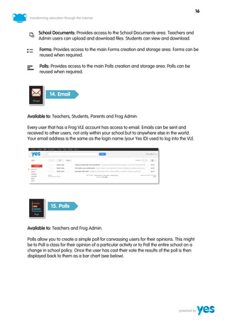 16



      School Documents: Provides access to the School Documents area. Teachers and
      Admin users can upload and download files. Students can view and download.

      Forms: Provides access to the main Forms creation and storage area. Forms can be
      reused when required.

      Polls: Provides access to the main Polls creation and storage area. Polls can be
      reused when required.



            14. Email



Available to: Teachers, Students, Parents and Frog Admin.

Every user that has a Frog VLE account has access to email. Emails can be sent and
received to other users, not only within your school but to anywhere else in the world.
Your email address is the same as the login name (your Yes ID) used to log into the VLE.




             15. Polls



Available to: Teachers and Frog Admin.

Polls allow you to create a simple poll for canvassing users for their opinions. This might
be to Poll a class for their opinion of a particular activity or to Poll the entire school on a
change in school policy. Once the user has cast their vote the results of the poll is then
displayed back to them as a bar chart (see below).
 