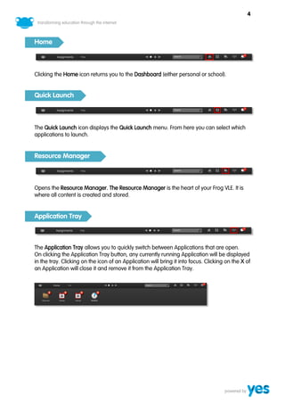 4



Home



Clicking the Home icon returns you to the Dashboard (either personal or school).


Quick Launch



The Quick Launch icon displays the Quick Launch menu. From here you can select which
applications to launch.


Resource Manager



Opens the Resource Manager. The Resource Manager is the heart of your Frog VLE. It is
where all content is created and stored.


Application Tray



The Application Tray allows you to quickly switch between Applications that are open.
On clicking the Application Tray button, any currently running Application will be displayed
in the tray. Clicking on the icon of an Application will bring it into focus. Clicking on the X of
an Application will close it and remove it from the Application Tray.
 