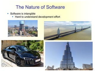 The Nature of Software
6
 Software is intangible
 Hard to understand development effort
 