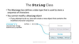 Appendix A: Introduction to Java 33
The String Class
• The String class defines a data type that is used to store a
sequence of characters
• You cannot modify a String object
• If you attempt to do so, Java will create a new object that contains the
modified character sequence
 