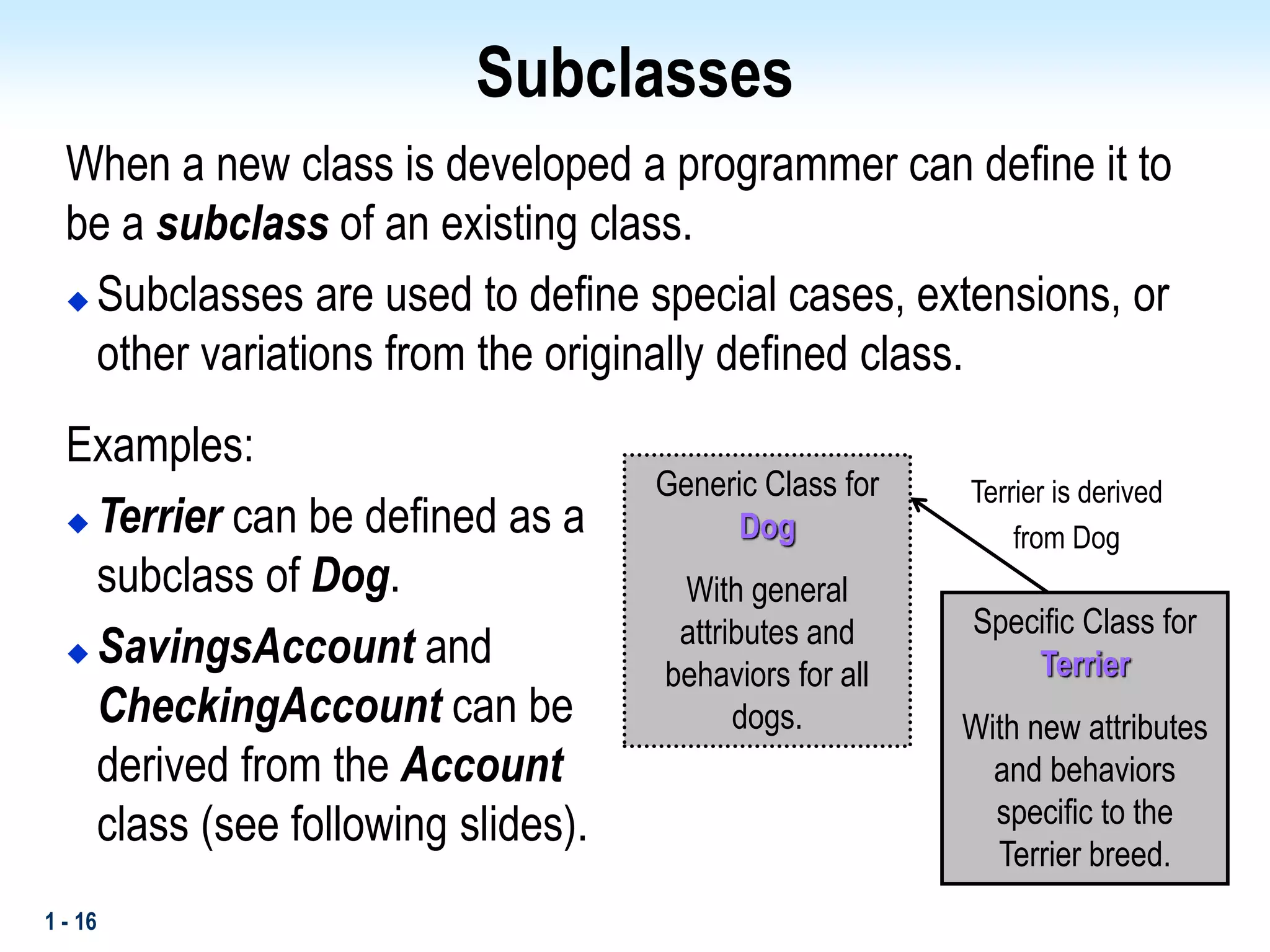 1 - 16
Subclasses
When a new class is developed a programmer can define it to
be a subclass of an existing class.
 Subclasses are used to define special cases, extensions, or
other variations from the originally defined class.
Examples:
 Terrier can be defined as a
subclass of Dog.
 SavingsAccount and
CheckingAccount can be
derived from the Account
class (see following slides).
Generic Class for
Dog
With general
attributes and
behaviors for all
dogs.
Specific Class for
Terrier
With new attributes
and behaviors
specific to the
Terrier breed.
Terrier is derived
from Dog
 