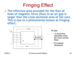 Fringing Effect The effective area provided for the flow of lines of magnetic force (flux) in an air gap is larger than the cross-sectional area of the core. This is due to a phenomenon known as fringing effect. 03/08/11 Dr Awang Jusoh/Dr Makbul Air gap  –  to avoid flux saturation when too much current flows -  To increase reluctance 