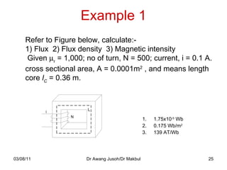 Example 1 03/08/11 Dr Awang Jusoh/Dr Makbul Refer to Figure below, calculate:- 1) Flux  2) Flux density  3) Magnetic intensity   Given   r  = 1,000; no of turn, N = 500; current, i = 0.1 A. cross sectional area, A = 0.0001m 2  , and means length  core  l C  = 0.36   m. 1.75x10 -5  Wb 0.175 Wb/m 2 139 AT/Wb 