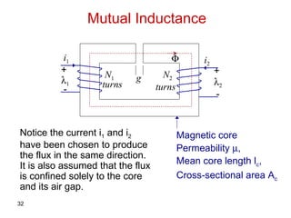 Mutual Inductance + + - -     i  i  N  N  turns turns g  Magnetic core Permeability   , Mean core length l c , Cross-sectional area A c Notice the current i 1  and i 2  have been chosen to produce the flux in the same direction.  It is also assumed that the flux is confined solely to the core and its air gap. 