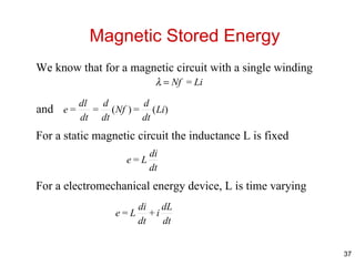 Magnetic Stored Energy We know that for a magnetic circuit with a single winding  and For a static magnetic circuit the inductance L is fixed For a electromechanical energy device, L is time varying 