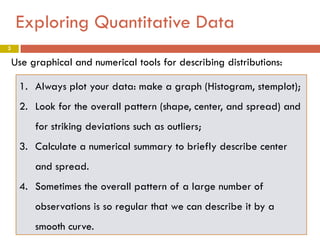 Exploring Quantitative Data
3

Use graphical and numerical tools for describing distributions:
1. Always plot your data: make a graph (Histogram, stemplot);
2. Look for the overall pattern (shape, center, and spread) and
for striking deviations such as outliers;
3. Calculate a numerical summary to briefly describe center
and spread.
4. Sometimes the overall pattern of a large number of
observations is so regular that we can describe it by a
smooth curve.

 