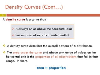 Density Curves (Cont…)
5

A density curve is a curve that:
 is always on or above the horizontal axis
 has an area of exactly 1 underneath it
 A density curve describes the overall pattern of a distribution.
 The area under the curve and above any range of values on the
horizontal axis is the proportion of all observations that fall in that
range. In short,

area = proportion

 