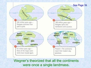 Wegner’s theorized that all the continents
were once a single landmass.
See Page 16
 