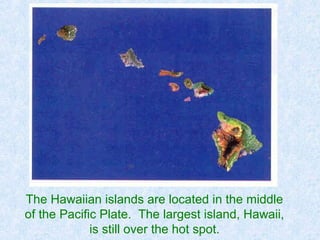 The Hawaiian islands are located in the middle
of the Pacific Plate. The largest island, Hawaii,
is still over the hot spot.
 