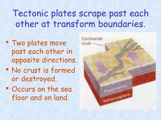 Tectonic plates scrape past each
other at transform boundaries.
 Two plates move
past each other in
opposite directions.
 No crust is formed
or destroyed.
 Occurs on the sea
floor and on land.
 