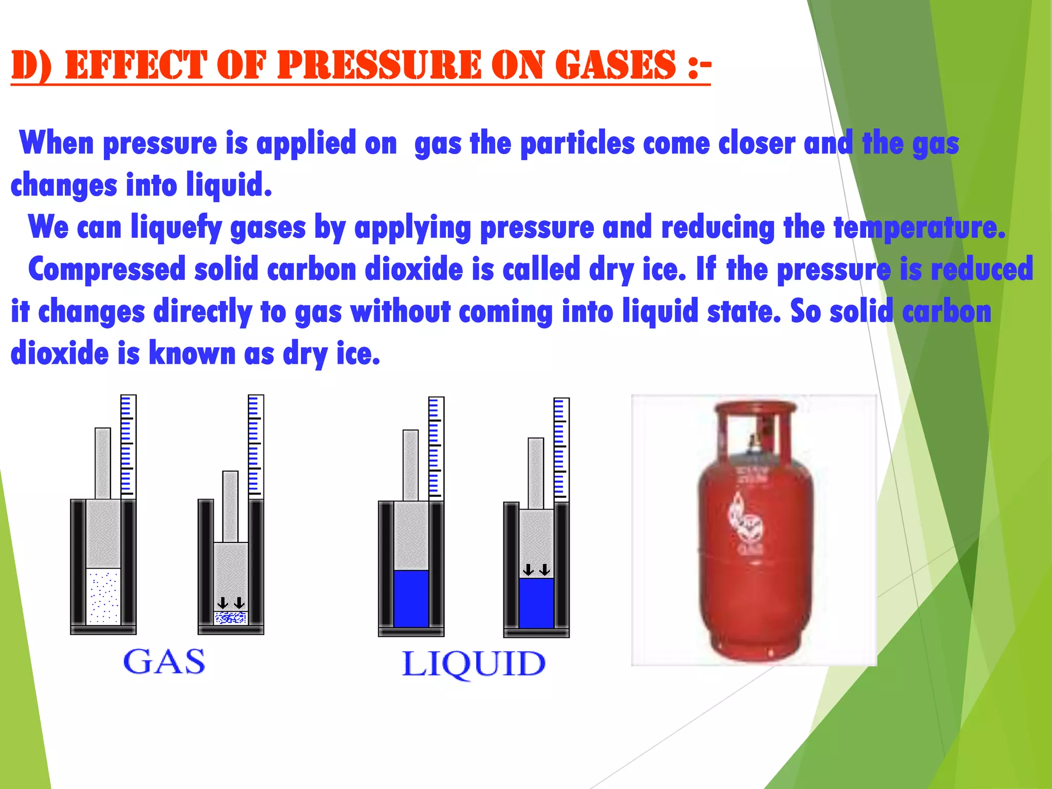d) Effect of pressure on gases :-
When pressure is applied on gas the particles come closer and the gas
changes into liquid.
We can liquefy gases by applying pressure and reducing the temperature.
Compressed solid carbon dioxide is called dry ice. If the pressure is reduced
it changes directly to gas without coming into liquid state. So solid carbon
dioxide is known as dry ice.
 