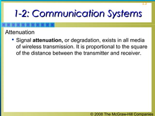 © 2008 The McGraw-Hill Companies
13
1-2: Communication Systems1-2: Communication Systems
Attenuation
 Signal attenuation, or degradation, exists in all media
of wireless transmission. It is proportional to the square
of the distance between the transmitter and receiver.
 
