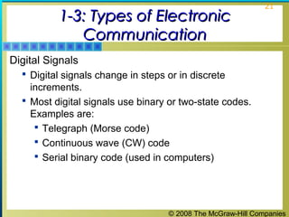 © 2008 The McGraw-Hill Companies
21
1-3: Types of Electronic1-3: Types of Electronic
CommunicationCommunication
Digital Signals
 Digital signals change in steps or in discrete
increments.
 Most digital signals use binary or two-state codes.
Examples are:
 Telegraph (Morse code)
 Continuous wave (CW) code
 Serial binary code (used in computers)
 