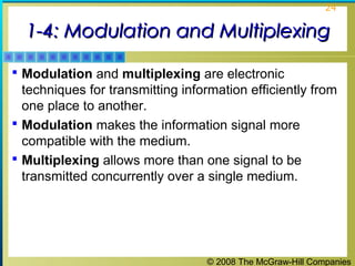 © 2008 The McGraw-Hill Companies
24
1-4: Modulation and Multiplexing1-4: Modulation and Multiplexing
 Modulation and multiplexing are electronic
techniques for transmitting information efficiently from
one place to another.
 Modulation makes the information signal more
compatible with the medium.
 Multiplexing allows more than one signal to be
transmitted concurrently over a single medium.
 