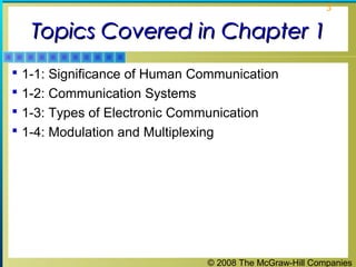 © 2008 The McGraw-Hill Companies
3
Topics Covered in Chapter 1Topics Covered in Chapter 1
 1-1: Significance of Human Communication
 1-2: Communication Systems
 1-3: Types of Electronic Communication
 1-4: Modulation and Multiplexing
 