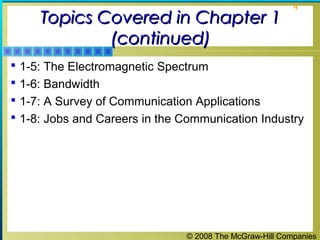 © 2008 The McGraw-Hill Companies
4
Topics Covered in Chapter 1Topics Covered in Chapter 1
(continued)(continued)
 1-5: The Electromagnetic Spectrum
 1-6: Bandwidth
 1-7: A Survey of Communication Applications
 1-8: Jobs and Careers in the Communication Industry
 