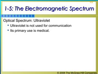 © 2008 The McGraw-Hill Companies
45
1-5: The Electromagnetic Spectrum1-5: The Electromagnetic Spectrum
Optical Spectrum: Ultraviolet
 Ultraviolet is not used for communication
 Its primary use is medical.
 