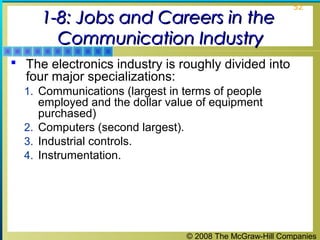 © 2008 The McGraw-Hill Companies
52
1-8: Jobs and Careers in the1-8: Jobs and Careers in the
Communication IndustryCommunication Industry
 The electronics industry is roughly divided into
four major specializations:
1. Communications (largest in terms of people
employed and the dollar value of equipment
purchased)
2. Computers (second largest).
3. Industrial controls.
4. Instrumentation.
 