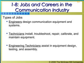 © 2008 The McGraw-Hill Companies
53
1-8: Jobs and Careers in the1-8: Jobs and Careers in the
Communication IndustryCommunication Industry
Types of Jobs
 Engineers design communication equipment and
systems.
 Technicians install, troubleshoot, repair, calibrate, and
maintain equipment.
 Engineering Technicians assist in equipment design,
testing, and assembly.
 