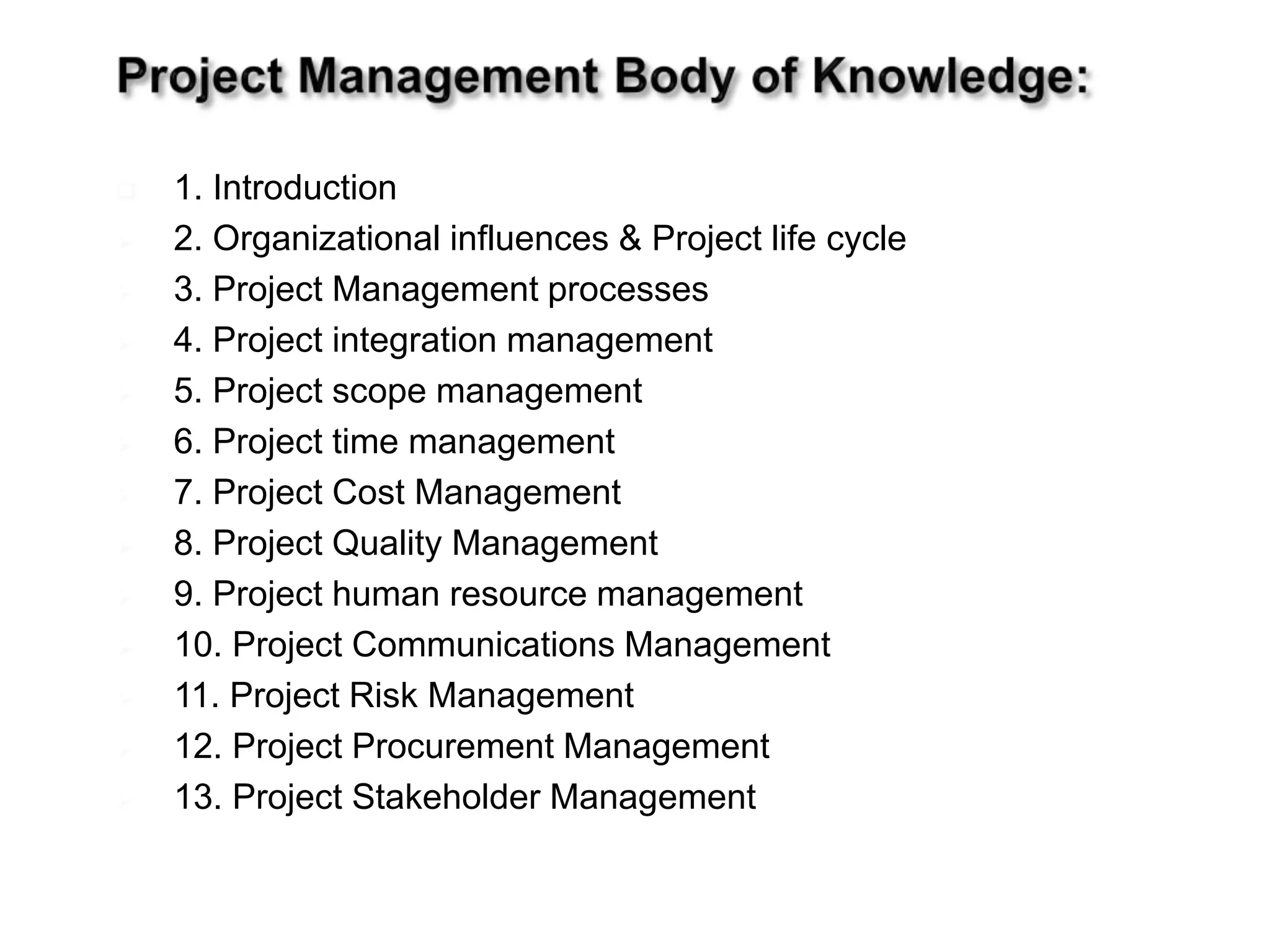  1. Introduction
 2. Organizational influences & Project life cycle
 3. Project Management processes
 4. Project integration management
 5. Project scope management
 6. Project time management
 7. Project Cost Management
 8. Project Quality Management
 9. Project human resource management
 10. Project Communications Management
 11. Project Risk Management
 12. Project Procurement Management
 13. Project Stakeholder Management
 