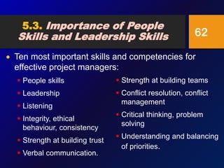 5.3. Importance of People
Skills and Leadership Skills
 People skills
 Leadership
 Listening
 Integrity, ethical
behaviour, consistency
 Strength at building trust
 Verbal communication.
62
 Strength at building teams
 Conflict resolution, conflict
management
 Critical thinking, problem
solving
 Understanding and balancing
of priorities.
 Ten most important skills and competencies for
effective project managers:
 