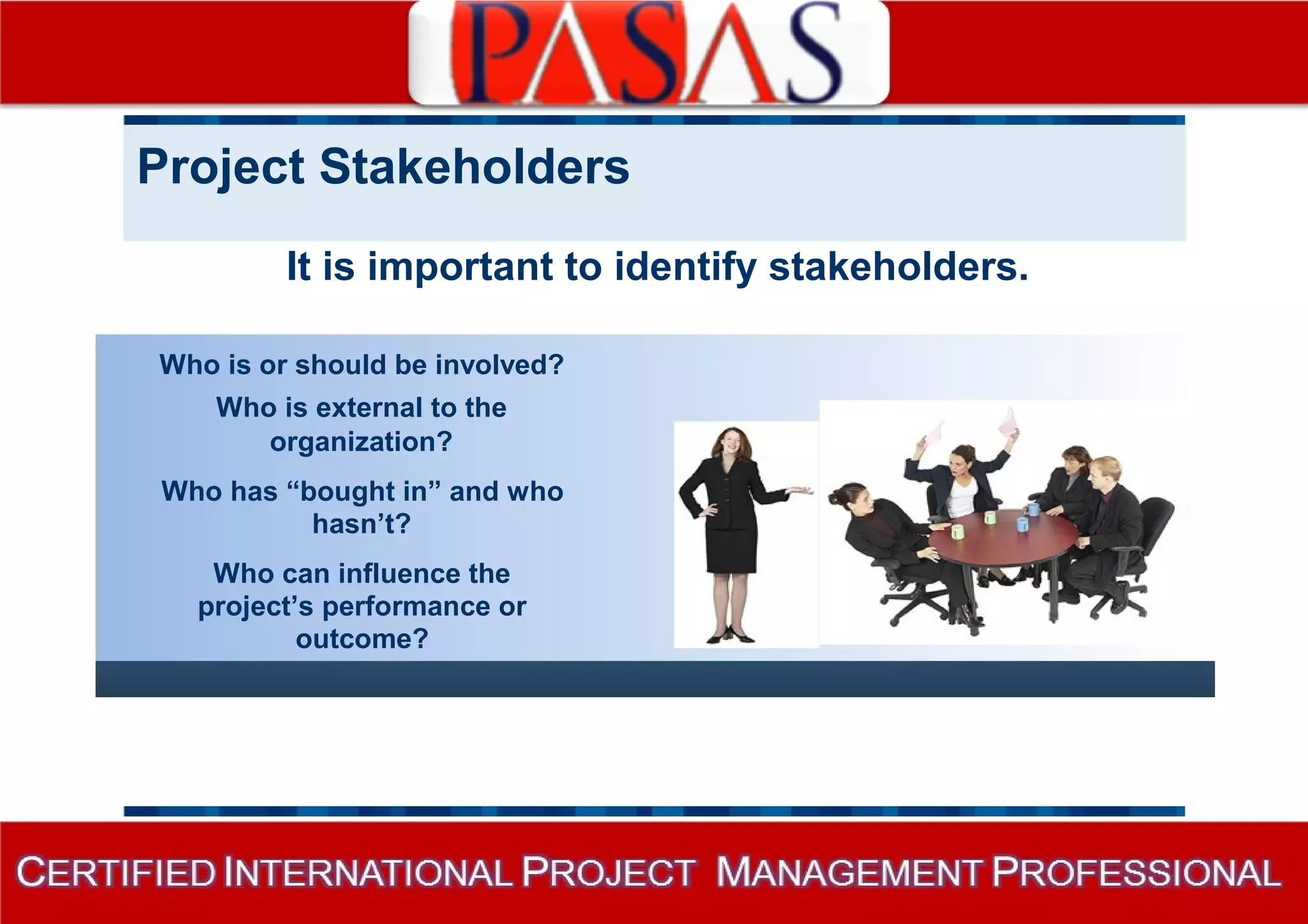 Project Stakeholders 
It is important to identify stakeholders. 
Who is or should be involved? 
Who is external to the 
organization? 
Who has “bought in” and who 
hasn’t? 
Who can influence the 
project’s performance or 
outcome? 
 