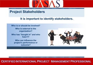 Project Stakeholders 
It is important to identify stakeholders. 
Who is or should be involved? 
Who is external to the 
organization? 
Who has “bought in” and who 
hasn’t? 
Who can influence the 
project’s performance or 
outcome? 
 