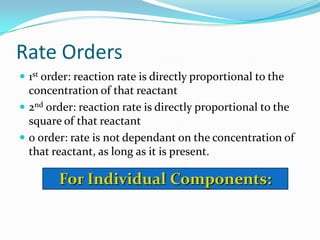 Rate Orders
 1st order: reaction rate is directly proportional to the

concentration of that reactant
 2nd order: reaction rate is directly proportional to the
square of that reactant
 0 order: rate is not dependant on the concentration of
that reactant, as long as it is present.

For Individual Components:

 