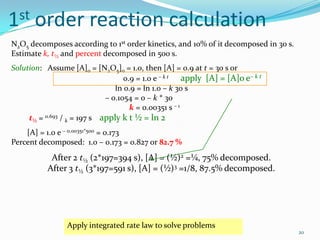 st
1

order reaction calculation

N2O5 decomposes according to 1st order kinetics, and 10% of it decomposed in 30 s.
Estimate k, t½ and percent decomposed in 500 s.
Solution: Assume [A]o = [N2O5]o = 1.0, then [A] = 0.9 at t = 30 s or
0.9 = 1.0 e – k t
apply [A] = [A]o e– k t
ln 0.9 = ln 1.0 – k 30 s
– 0.1054 = 0 – k * 30
k = 0.00351 s – 1
t½ = 0.693 / k = 197 s apply k t ½ = ln 2
[A] = 1.0 e – 0.00351*500 = 0.173
Percent decomposed: 1.0 – 0.173 = 0.827 or 82.7 %

After 2 t½ (2*197=394 s), [A] = (½)2 =¼, 75% decomposed.
After 3 t½ (3*197=591 s), [A] = (½)3 =1/8, 87.5% decomposed.

Apply integrated rate law to solve problems
20

 