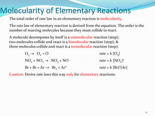 Molecularity of Elementary Reactions
The total order of rate law in an elementary reaction is molecularity.
The rate law of elementary reaction is derived from the equation. The order is the
number of reacting molecules because they must collide to react.
A molecule decomposes by itself is a unimolecular reaction (step);
two molecules collide and react is a bimolecular reaction (step); &
three molecules collide and react is a termolecular reaction (step).
O3

O2 + O

rate = k [O3]

NO2 + NO2

NO3 + NO

rate = k [NO2]2

Br + Br + Ar

Br2 + Ar*

rate = k [Br]2[Ar]

Caution: Derive rate laws this way only for elementary reactions.

21

 