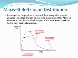 Maxwell-Boltzmann Distribution
 In any system, the particles present will have a very wide range of

energies. For gases, this can be shown on a graph called the MaxwellBoltzmann Distribution which is a plot of the number of particles
having each particular energy.

 