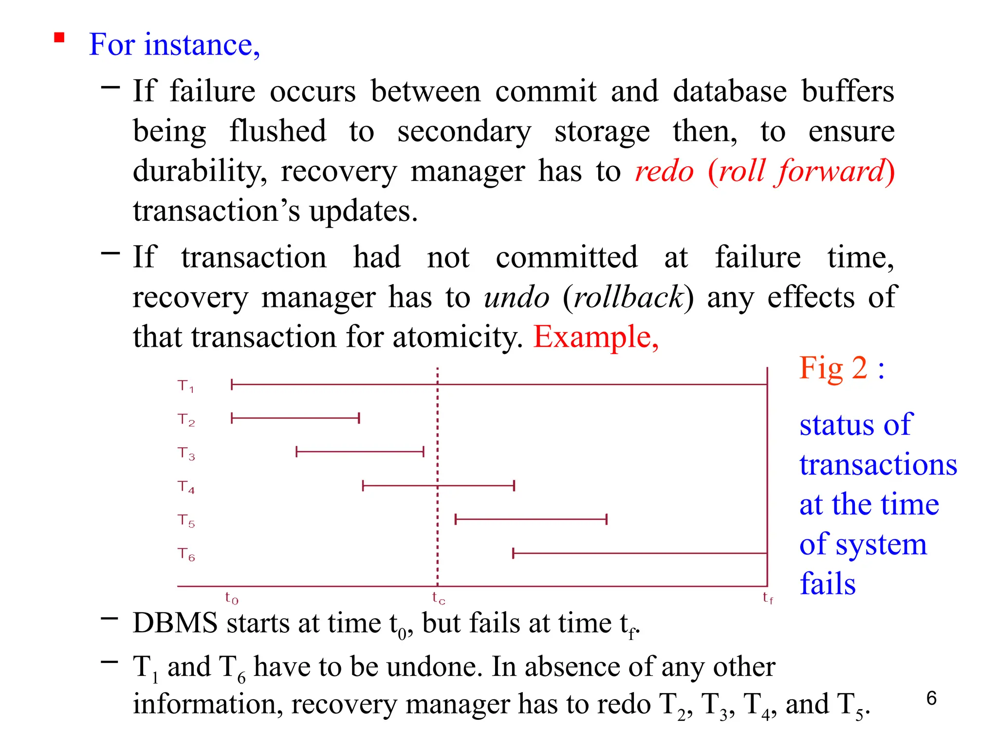 6
 For instance,
– If failure occurs between commit and database buffers
being flushed to secondary storage then, to ensure
durability, recovery manager has to redo (roll forward)
transaction’s updates.
– If transaction had not committed at failure time,
recovery manager has to undo (rollback) any effects of
that transaction for atomicity. Example,
– DBMS starts at time t0, but fails at time tf.
– T1 and T6 have to be undone. In absence of any other
information, recovery manager has to redo T2, T3, T4, and T5.
Fig 2 :
status of
transactions
at the time
of system
fails
 