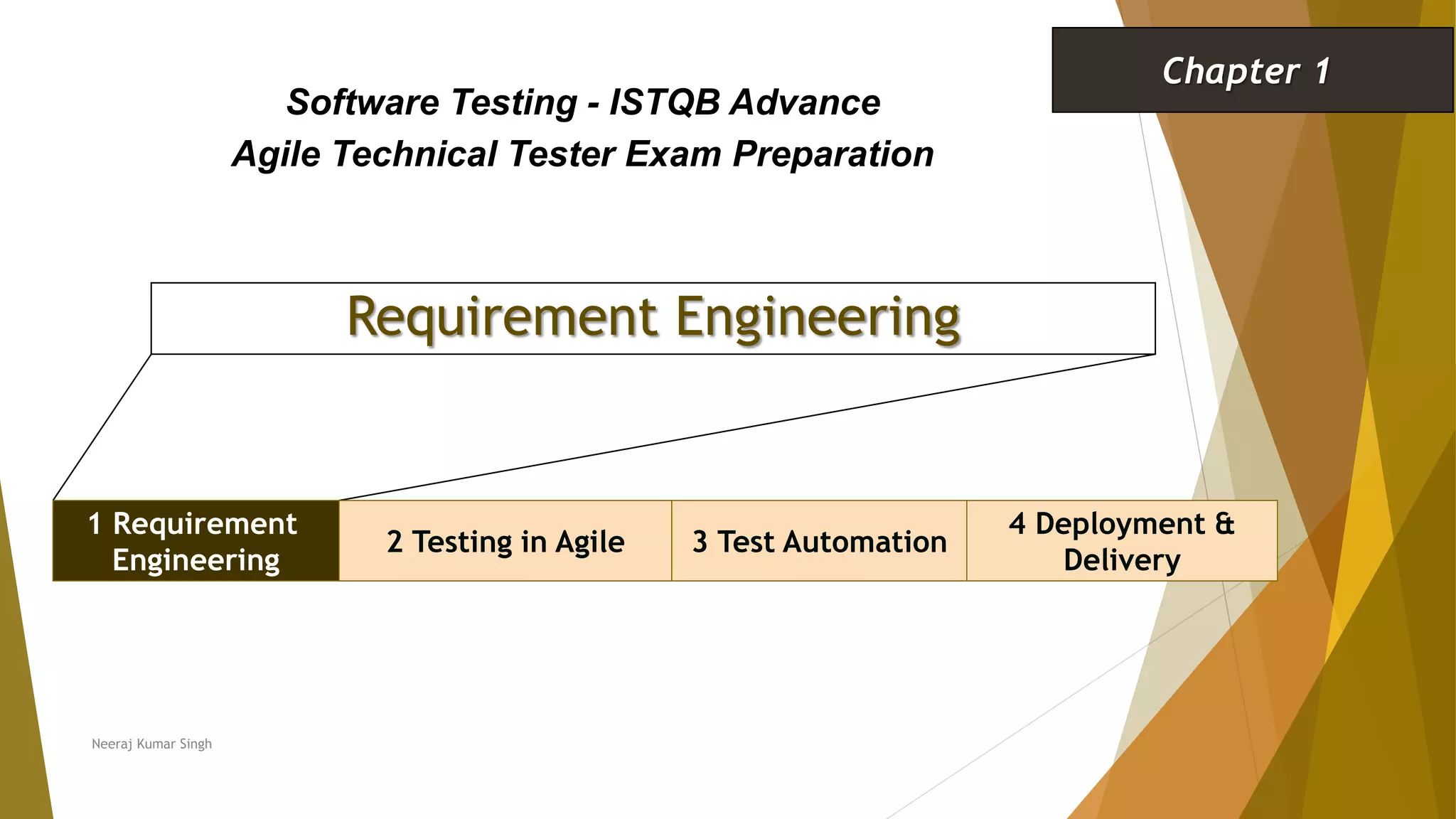 Requirement Engineering
1 Requirement
Engineering
2 Testing in Agile 3 Test Automation
Software Testing - ISTQB Advance
Agile Technical Tester Exam Preparation
Chapter 1
Neeraj Kumar Singh
4 Deployment &
Delivery
 