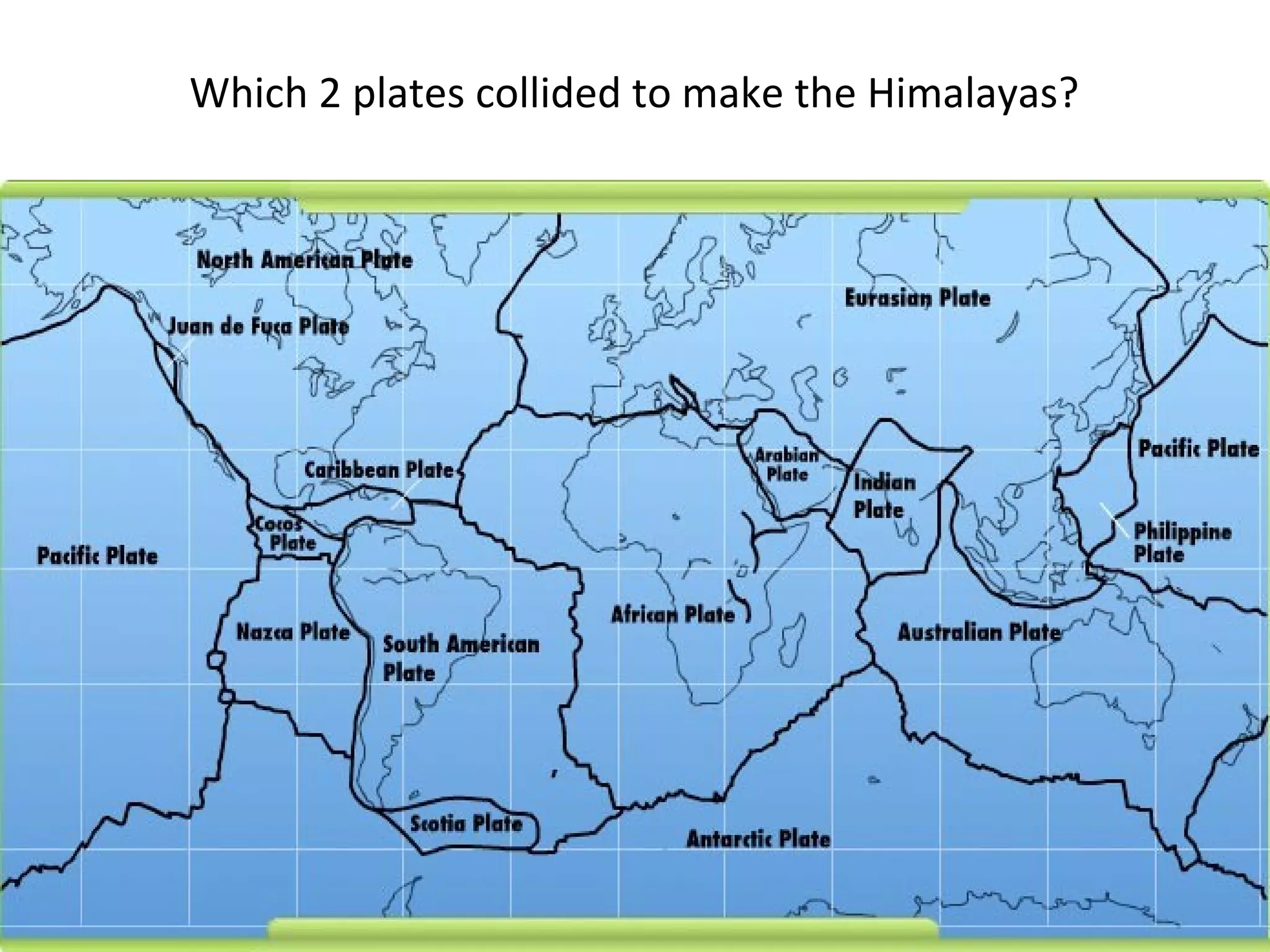 Which 2 plates collided to make the Himalayas?
 