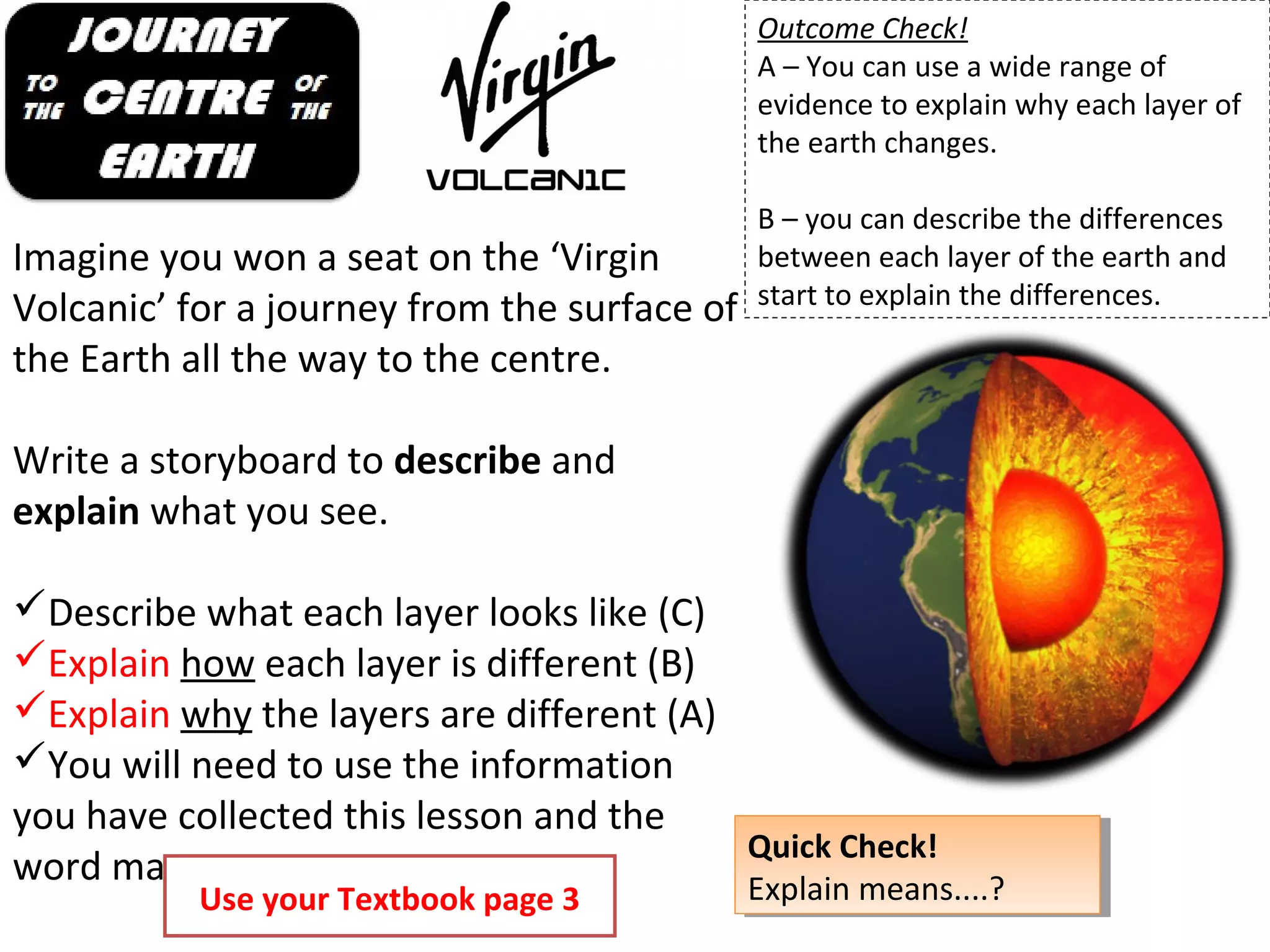 Outcome Check!
A – You can use a wide range of
evidence to explain why each layer of
the earth changes.
B – you can describe the differences
between each layer of the earth and
start to explain the differences.
Imagine you won a seat on the ‘Virgin
Volcanic’ for a journey from the surface of
the Earth all the way to the centre.
Write a storyboard to describe and
explain what you see.
Describe what each layer looks like (C)
Explain how each layer is different (B)
Explain why the layers are different (A)
You will need to use the information
you have collected this lesson and the
word mat Quick Check!
Explain means....?
Quick Check!
Explain means....?Use your Textbook page 3
 