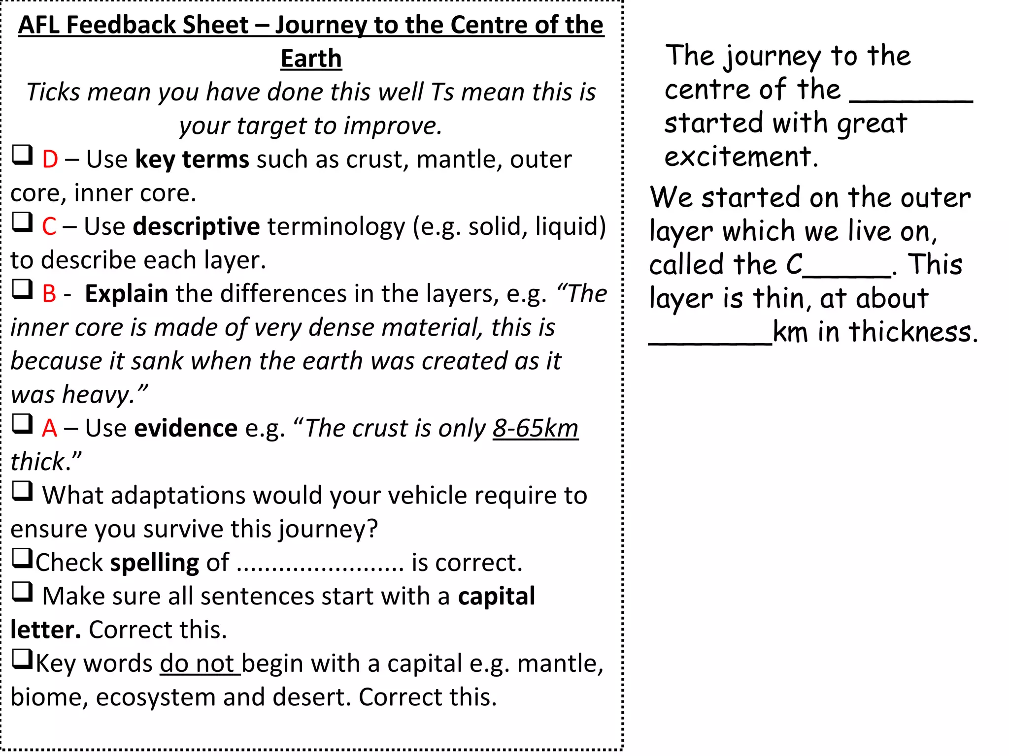 AFL Feedback Sheet – Journey to the Centre of the
Earth
Ticks mean you have done this well Ts mean this is
your target to improve.
 D – Use key terms such as crust, mantle, outer
core, inner core.
 C – Use descriptive terminology (e.g. solid, liquid)
to describe each layer.
 B - Explain the differences in the layers, e.g. “The
inner core is made of very dense material, this is
because it sank when the earth was created as it
was heavy.”
 A – Use evidence e.g. “The crust is only 8-65km
thick.”
 What adaptations would your vehicle require to
ensure you survive this journey?
Check spelling of ........................ is correct.
 Make sure all sentences start with a capital
letter. Correct this.
Key words do not begin with a capital e.g. mantle,
biome, ecosystem and desert. Correct this.
The journey to the
centre of the _______
started with great
excitement.
We started on the outer
layer which we live on,
called the C_____. This
layer is thin, at about
_______km in thickness.
 