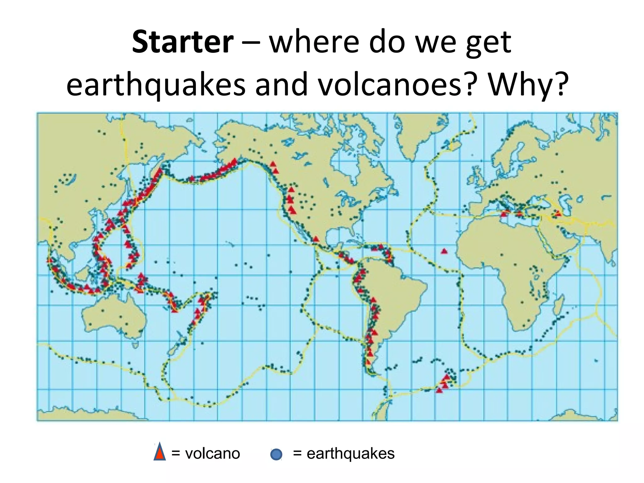 Starter – where do we get
earthquakes and volcanoes? Why?
= volcano = earthquakes
 
