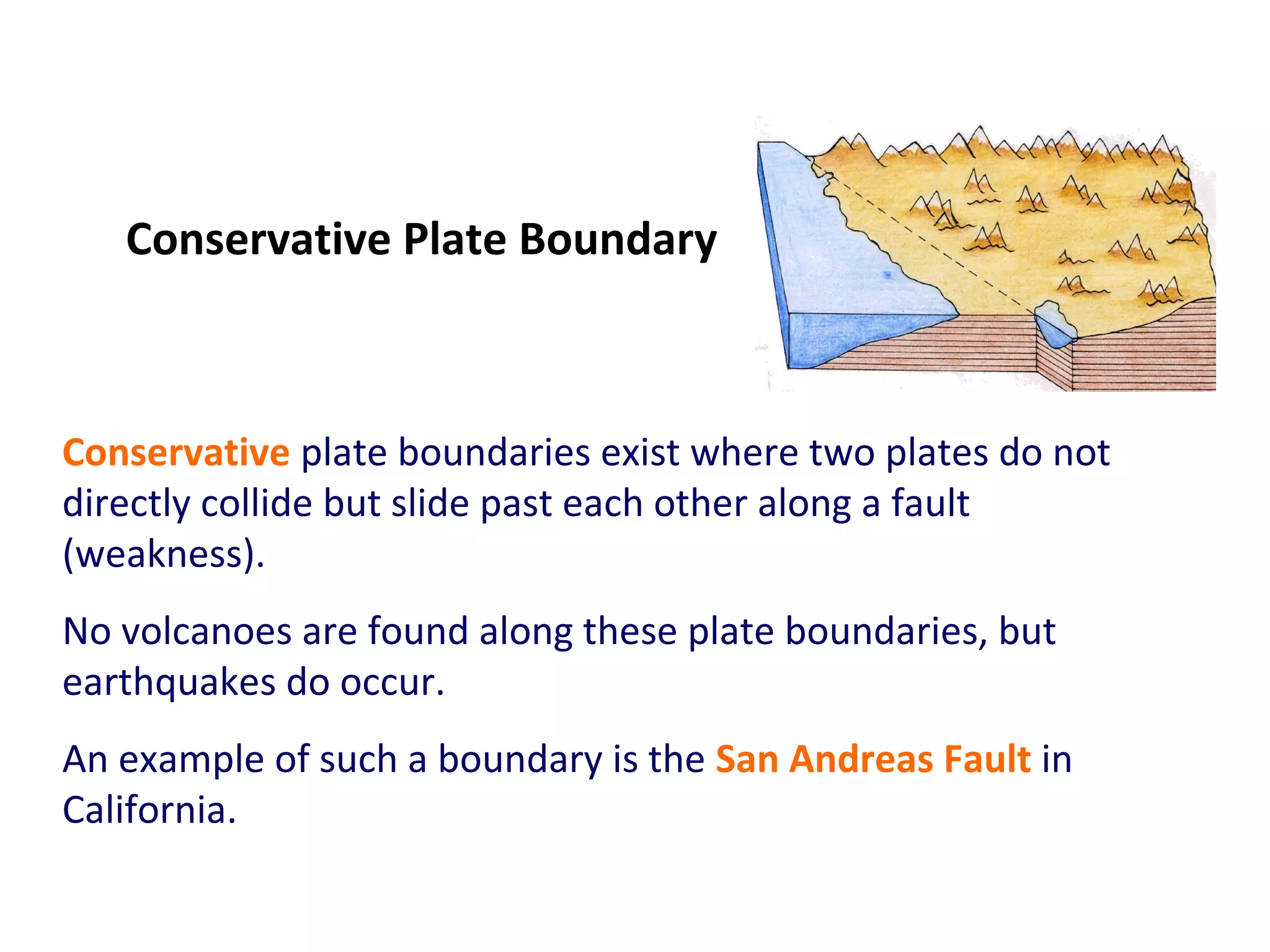 Conservative plate boundaries exist where two plates do not
directly collide but slide past each other along a fault
(weakness).
No volcanoes are found along these plate boundaries, but
earthquakes do occur.
An example of such a boundary is the San Andreas Fault in
California.
Conservative Plate Boundary
 