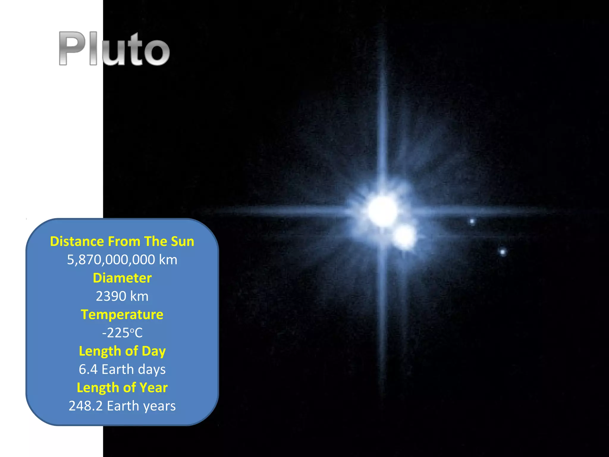 Distance From The Sun
5,870,000,000 km
Diameter
2390 km
Temperature
-225o
C
Length of Day
6.4 Earth days
Length of Year
248.2 Earth years
 