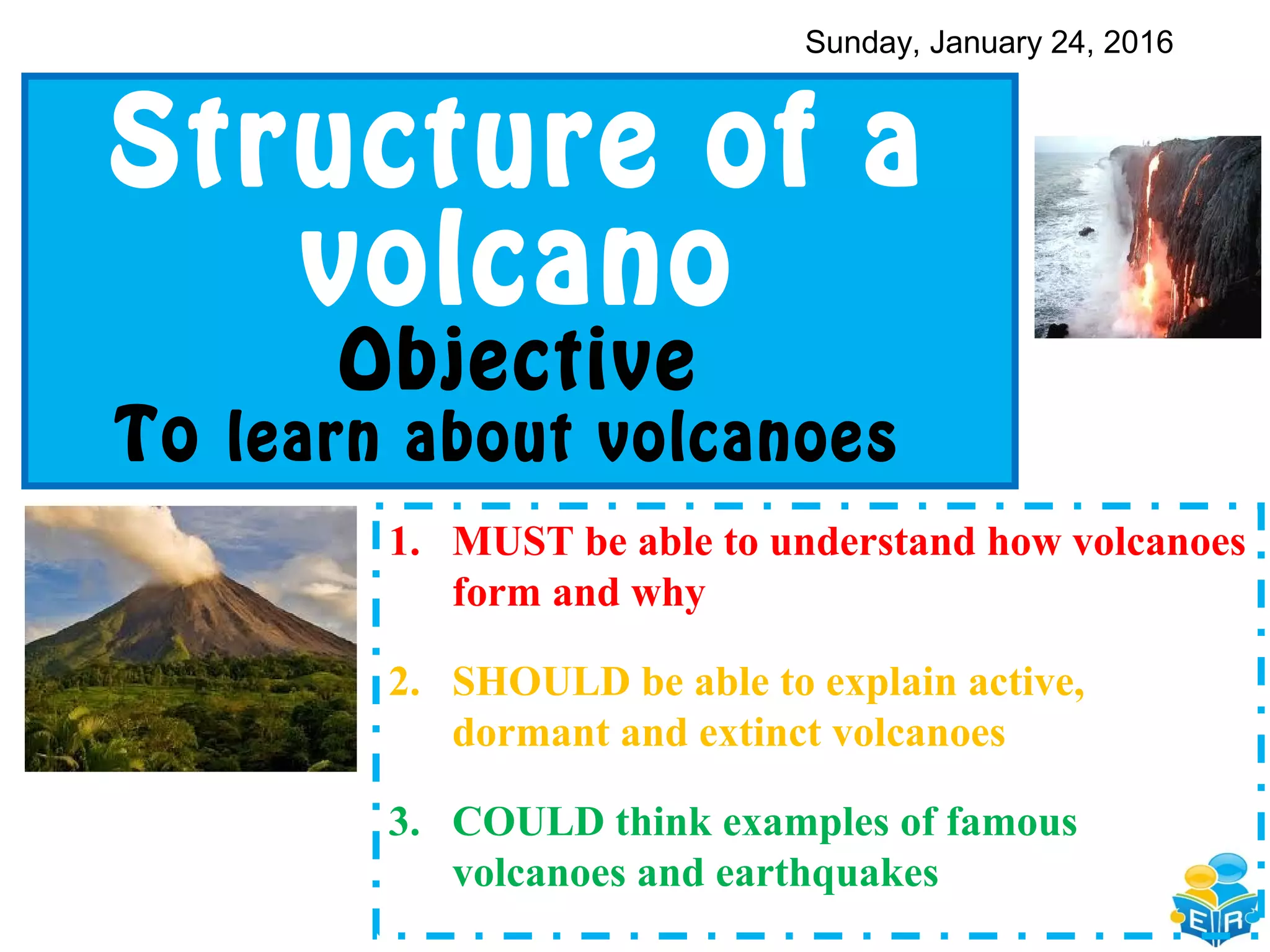 Structure of a
volcano
Objective
To learn about volcanoes
1. MUST be able to understand how volcanoes
form and why
2. SHOULD be able to explain active,
dormant and extinct volcanoes
3. COULD think examples of famous
volcanoes and earthquakes
Sunday, January 24, 2016
 