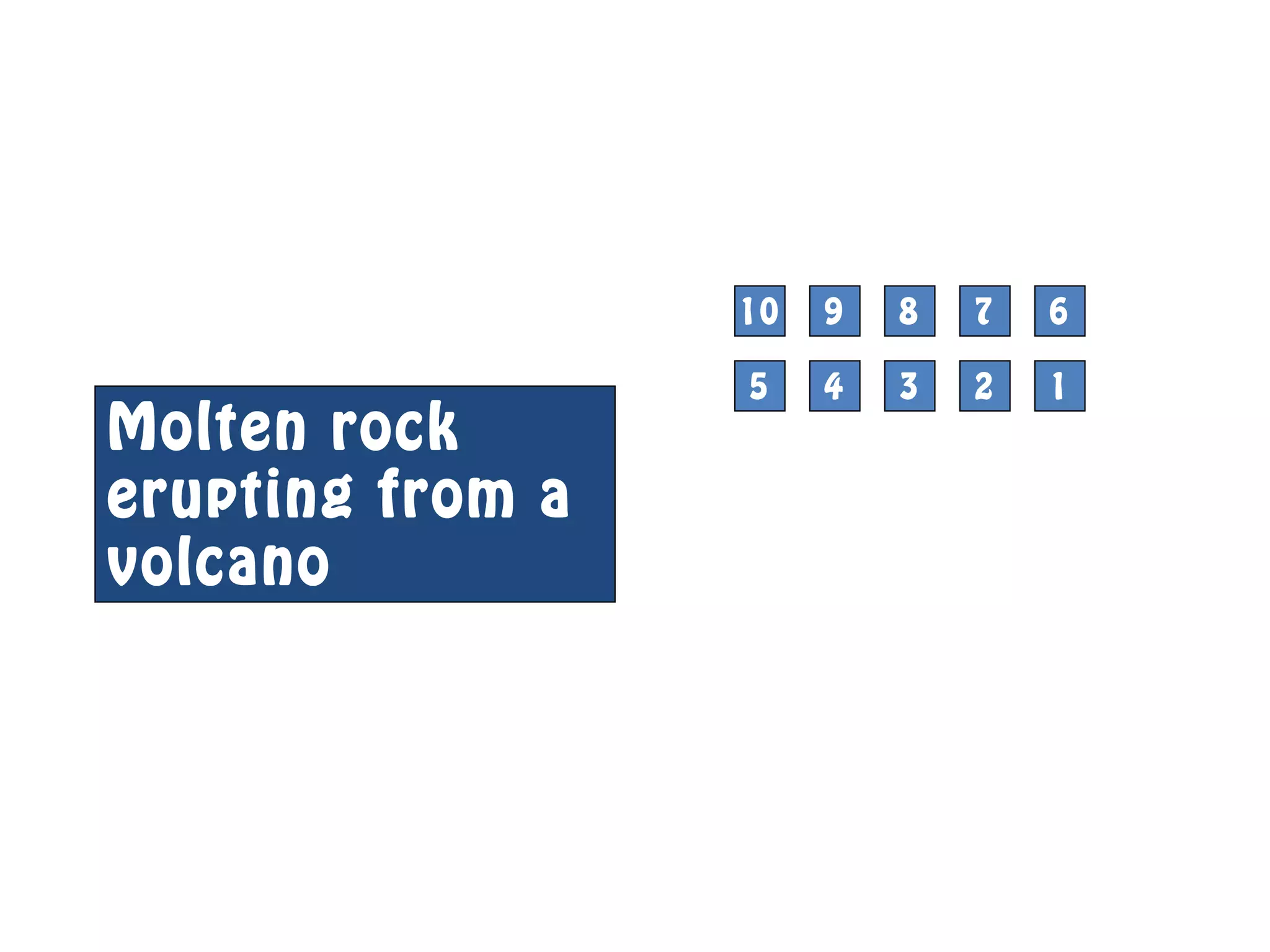 10 9 8 7 6
5 4 3 2 1
Molten rock
erupting from a
volcano
3
 