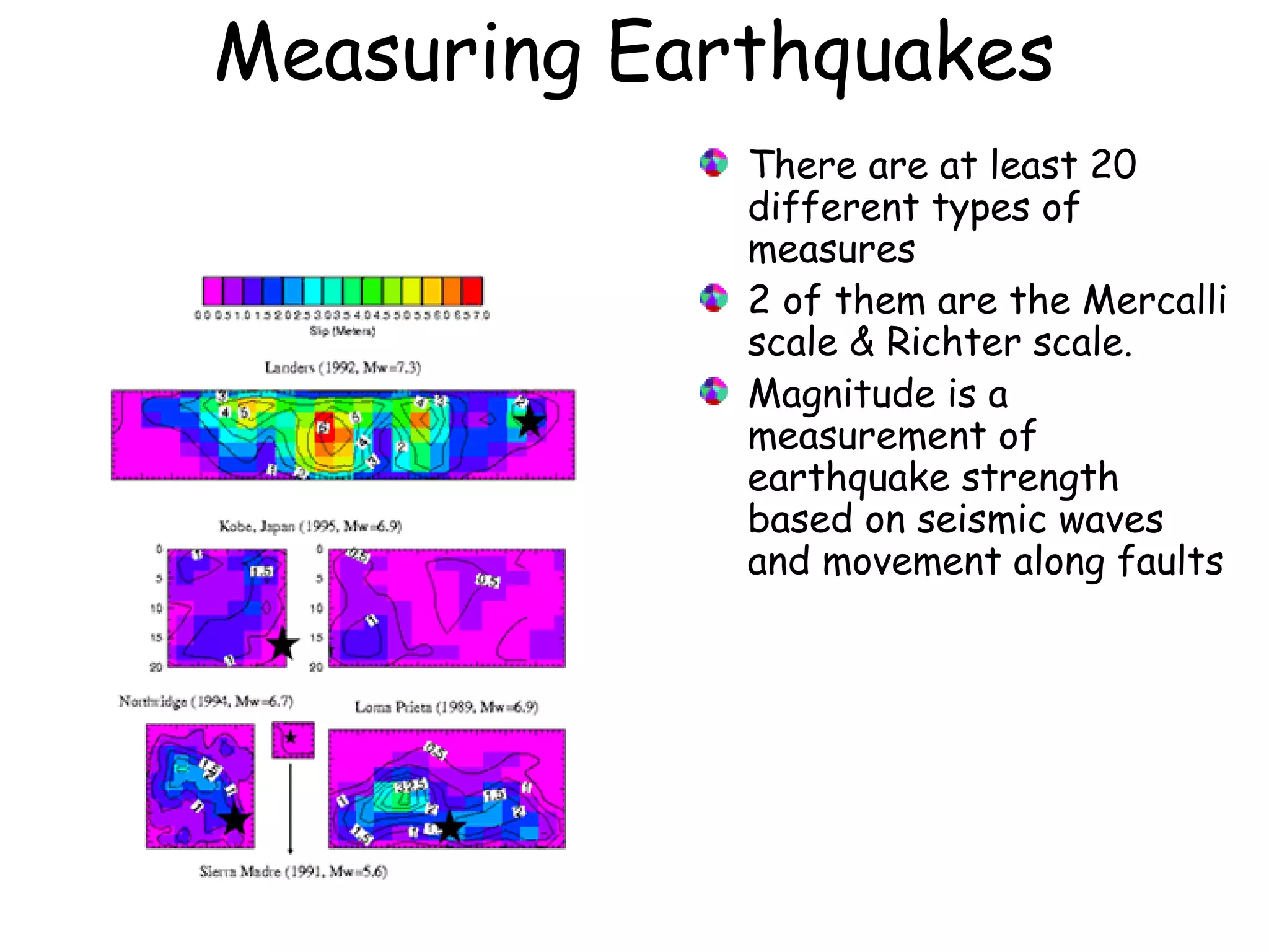 Measuring Earthquakes
There are at least 20
different types of
measures
2 of them are the Mercalli
scale & Richter scale.
Magnitude is a
measurement of
earthquake strength
based on seismic waves
and movement along faults
 