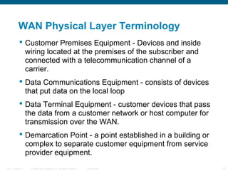 WAN Physical Layer Terminology
            Customer Premises Equipment - Devices and inside
             wiring located at the premises of the subscriber and
             connected with a telecommunication channel of a
             carrier.
            Data Communications Equipment - consists of devices
             that put data on the local loop
            Data Terminal Equipment - customer devices that pass
             the data from a customer network or host computer for
             transmission over the WAN.
            Demarcation Point - a point established in a building or
             complex to separate customer equipment from service
             provider equipment.
ITE 1 Chapter 6   © 2006 Cisco Systems, Inc. All rights reserved.   Cisco Public   13
 