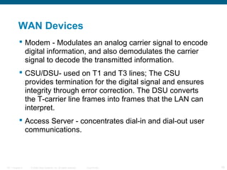 WAN Devices
            Modem - Modulates an analog carrier signal to encode
             digital information, and also demodulates the carrier
             signal to decode the transmitted information.
            CSU/DSU- used on T1 and T3 lines; The CSU
             provides termination for the digital signal and ensures
             integrity through error correction. The DSU converts
             the T-carrier line frames into frames that the LAN can
             interpret.
            Access Server - concentrates dial-in and dial-out user
             communications.



ITE 1 Chapter 6   © 2006 Cisco Systems, Inc. All rights reserved.   Cisco Public   16
 