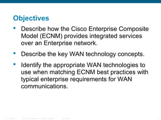 Objectives
            Describe how the Cisco Enterprise Composite
             Model (ECNM) provides integrated services
             over an Enterprise network.
            Describe the key WAN technology concepts.
            Identify the appropriate WAN technologies to
             use when matching ECNM best practices with
             typical enterprise requirements for WAN
             communications.



ITE 1 Chapter 6   © 2006 Cisco Systems, Inc. All rights reserved.   Cisco Public   2
 