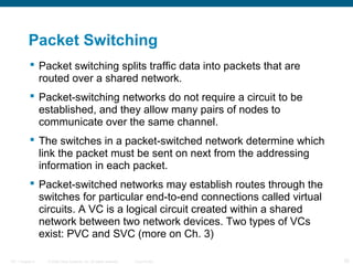 Packet Switching
            Packet switching splits traffic data into packets that are
             routed over a shared network.
            Packet-switching networks do not require a circuit to be
             established, and they allow many pairs of nodes to
             communicate over the same channel.
            The switches in a packet-switched network determine which
             link the packet must be sent on next from the addressing
             information in each packet.
            Packet-switched networks may establish routes through the
             switches for particular end-to-end connections called virtual
             circuits. A VC is a logical circuit created within a shared
             network between two network devices. Two types of VCs
             exist: PVC and SVC (more on Ch. 3)

ITE 1 Chapter 6   © 2006 Cisco Systems, Inc. All rights reserved.   Cisco Public   25
 