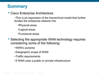 Summary
            Cisco Enterprise Architecture
                   –This is an expansion of the hierarchical model that further
                   divides the enterprise network into
                            •Physical areas
                            •Logical areas
                            •Functional areas

            Selecting the appropriate WAN technology requires
             considering some of the following:
                   –WAN’s purpose
                   –Geographic scope of WAN
                   –Traffic requirements
                   –If WAN uses a public or private infrastructure



ITE 1 Chapter 6   © 2006 Cisco Systems, Inc. All rights reserved.   Cisco Public   37
 