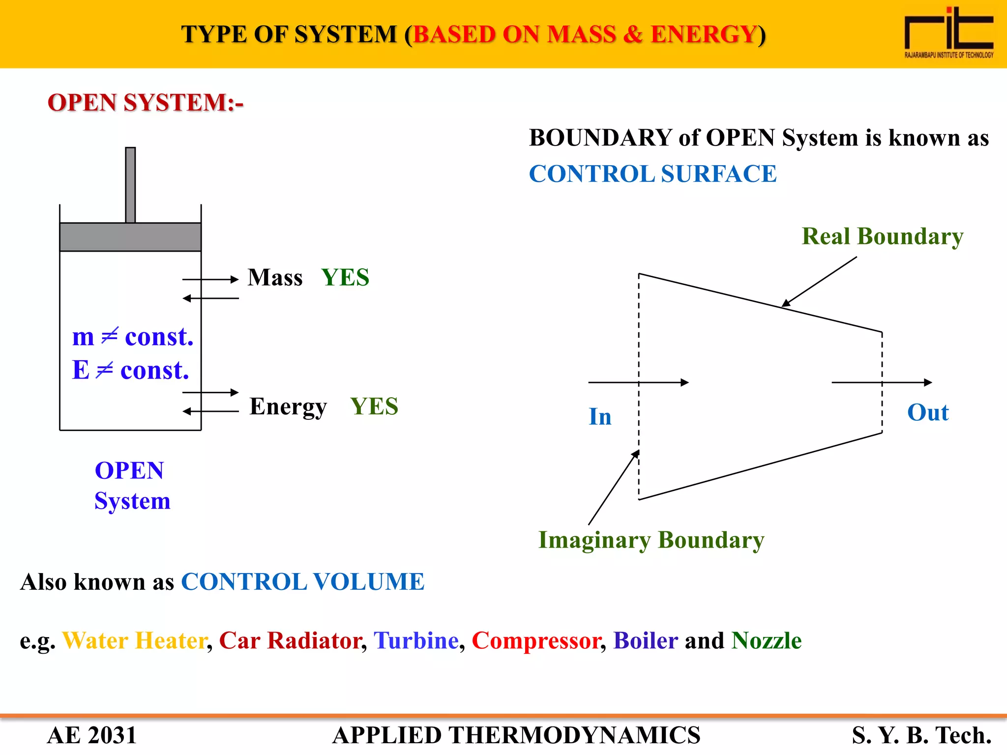 AE 2031 APPLIED THERMODYNAMICS S. Y. B. Tech.
TYPE OF SYSTEM (BASED ON MASS & ENERGY)
OPEN
System
Mass YES
Energy YES
Also known as CONTROL VOLUME
e.g. Water Heater, Car Radiator, Turbine, Compressor, Boiler and Nozzle
BOUNDARY of OPEN System is known as
CONTROL SURFACE
In Out
Imaginary Boundary
Real Boundary
OPEN SYSTEM:-
m = const.
E = const.
 